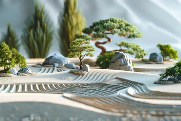 Fotobehang Miniature zen garden scenery with bonsai trees © Татьяна Евдокимова