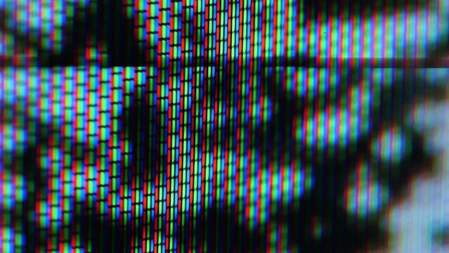 Macro of on an analog TV screen patterns. Side view, zoom in.