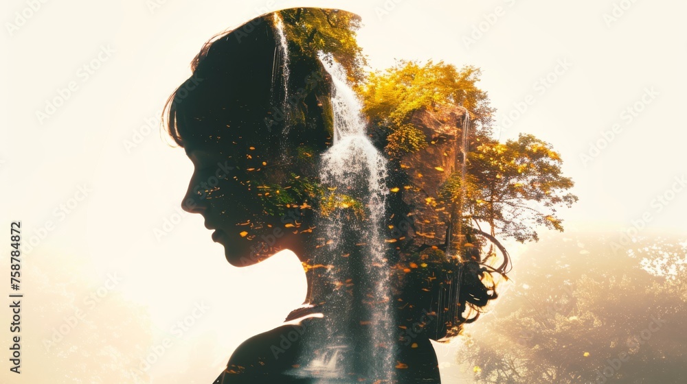 Poster a woman stands in front of a powerful waterfall, surrounded by mist and the sound of rushing water. 