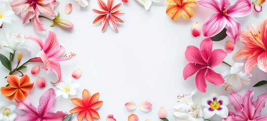 Obraz premium Tropical Flowers Frame. Bright and Beautiful Floral Arrangement.