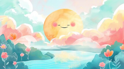 Fototapeta na wymiar Happy Sun Rising Over Pastel Watercolor River Landscape 