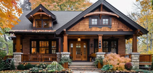 Foto op Canvas Against a backdrop of autumn foliage, a craftsman style house stands out with its warm color palette, intricate woodwork, and welcoming front porch, creating a scene of cozy comfort and seasonal beaut © rai stone