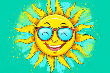 A happy sun with a smile and wearing sunglasses cartoon