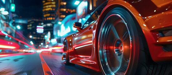 The rear end of car on the road at night city. Racing sports car on neon highway. - obrazy, fototapety, plakaty