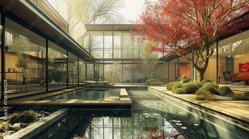 Aufkleber generative ai courtyard with an l-shaped pool, modern architecture, glass walls, reflection of house