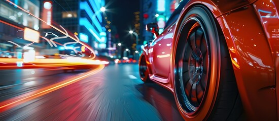 Sport car at high speed through the streets of the night city. motion blur dark background.