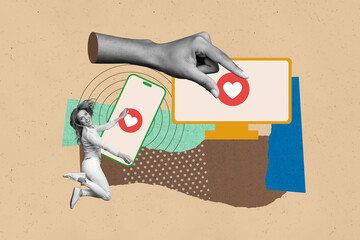 Collage artwork minimal picture of excited funny lady enjoying getting instagram twitter telegram facebook likes isolated beige color background