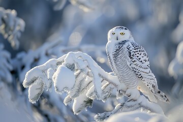 Fototapeta premium Snowy Owl Perched on Branch
