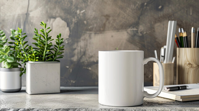 White Blank coffee mug mockup on concrete table