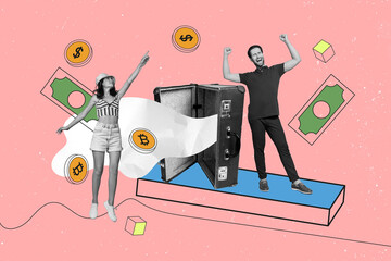 Creative template graphics collage image of lucky excited couple winning full money suitcases...