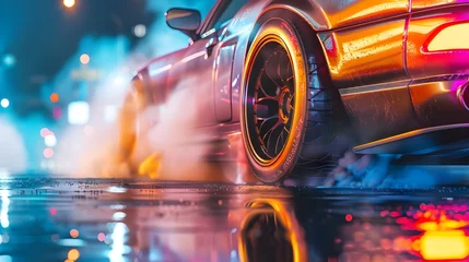 Foto op Plexiglas Close up view of sport car tires on road in city at night. © Penatic Studio