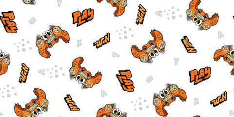 Seamless pattern Gamepad monster tiger. Monster gamepad cat. Game pad cartoon character with big eyes, ears, smiling face. Digital technology tiger. Joystick print with 8 bite text Play, Win, Pixel te