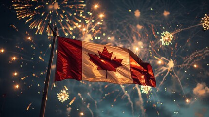 Canadian Flag Fluttering Amid Victoria Day Fireworks - obrazy, fototapety, plakaty
