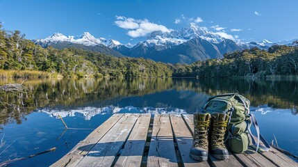 A hiking backpack and boots lying on a wooden dock by a tranquil lake
