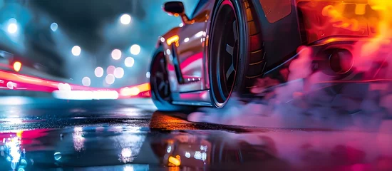 Foto op Aluminium Rim on a sports car wheel. Defocused night street and lights in the background. © Penatic Studio