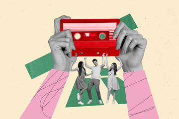 Creative retro 3d magazine collage image of carefree funky people enjoying vintage party isolated...