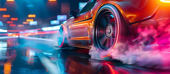 Racing sports car on neon highway. Powerful acceleration of a supercar on a night track with colorful lights and tracks. Blur at high speed. - obrazy, fototapety, plakaty