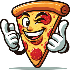 Adobe Illustrator Artwork cartoon pepperoni pizza slice, holding up a single finger in a playful gesture, isolated on a bright white background.