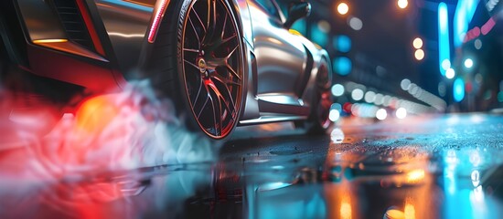 Fototapeta na wymiar Sport car wheel drifting on night of city lighting background. car driving fast at night with motion speed effect.