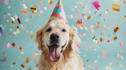 A joyful dog, wearing a colorful birthday hat