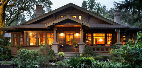 Bathed in the soft light of dawn, a craftsman style house exudes warmth and hospitality, with its glowing windows, cozy front porch - obrazy, fototapety, plakaty
