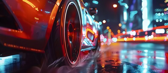 Abstract sport car on the neon background. Sports car driving at high speed through the night city.