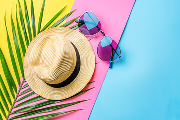 Sunglasses on striped Pastel Background with Tropical Palm Leaves and straw hat. Creative Pop Art...