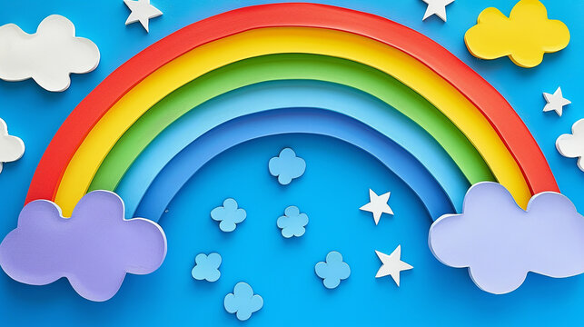 Pastel rainbow with beautiful white clouds on a blue background. Children's products exhibition scene.
