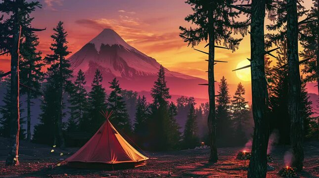 Mountain Retreat: Indian Tent Among Pine Trees Against Sunset Mountain Backdrop
 Seamless looping 4k time-lapse virtual video animation background. Generated AI