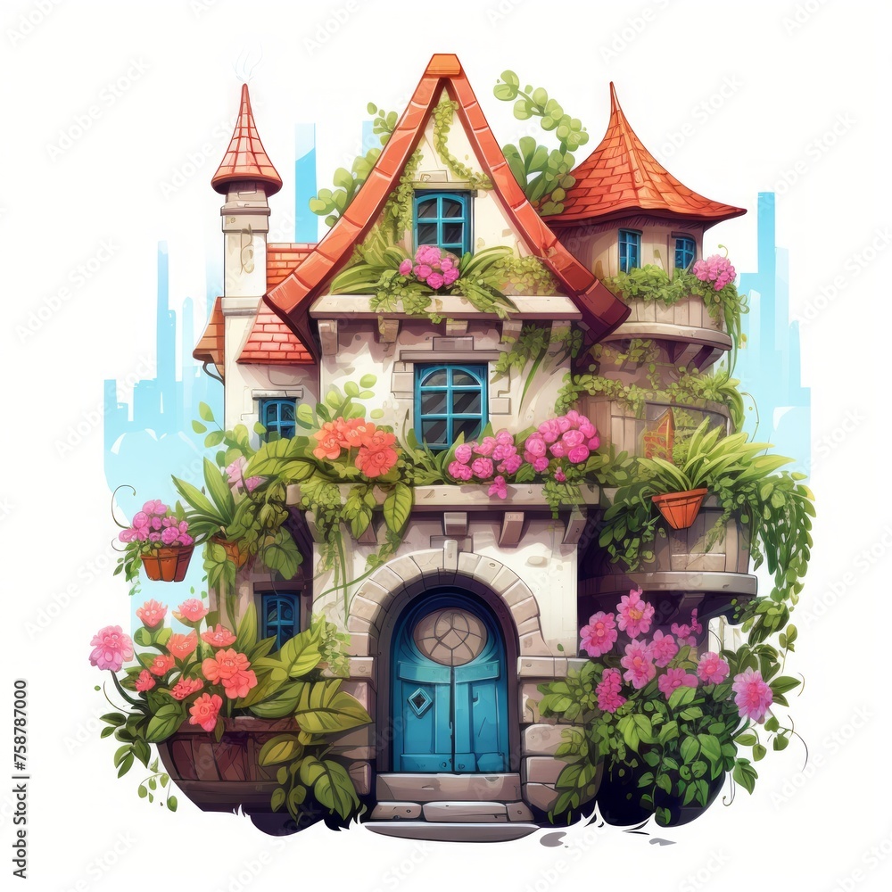 Poster generative ai a fairytale abode featuring a vibrant rooftop garden and quaint window boxes.