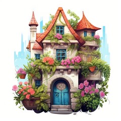 Fototapeta na wymiar Generative AI A fairytale abode featuring a vibrant rooftop garden and quaint window boxes.