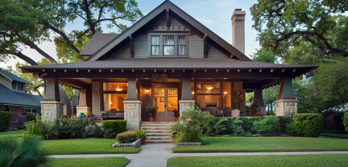 Nestled within a quiet neighborhood, a craftsman style house captivates passersby with its inviting front porch, decorative brackets, and carefully manicured lawn - obrazy, fototapety, plakaty