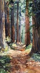 The painting depicts a winding path cutting through a dense forest, with towering trees and dappled sunlight creating intricate patterns on the forest floor.
