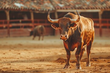 Brown Bull With Large Horns in Dirt Field