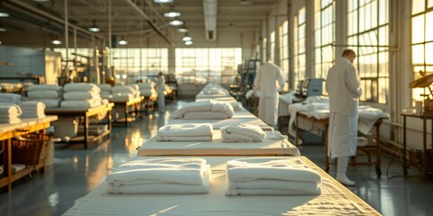 In a modern industrial plant, workers use modern equipment to produce various textile products. - obrazy, fototapety, plakaty