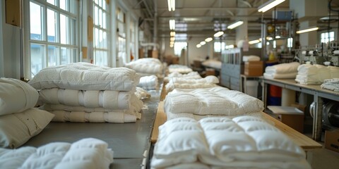 Fototapeta na wymiar In a pure white textile mill, soft cotton material is processed into comfortable bedding.