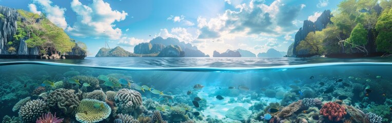 The image showcases a colorful coral reef thriving in the depths of the ocean, with various types of coral and marine life visible. The vibrant reef provides a habitat for fish, crustaceans, and other - obrazy, fototapety, plakaty