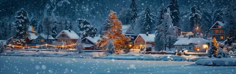 A winter scene in a village covered in snow, featuring a decorated Christmas tree with colorful lights. The quaint houses are illuminated with festive decorations. - obrazy, fototapety, plakaty