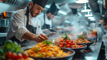 Obraz premium Cooks serving meal on restaurant kitchen