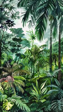 The painting depicts a dense jungle filled with a variety of towering trees and lush green plants. The scene is vibrant and rich in biodiversity, capturing the essence of a thriving rainforest ecosyst
