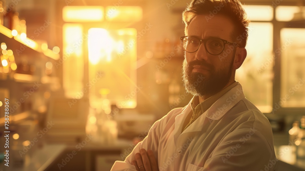Poster A man wearing glasses stands in a laboratory, surrounded by scientific equipment and tools. He appears focused and engaged in his work, possibly conducting experiments or analysis.