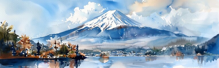 A watercolor painting depicting a majestic mountain towering over a serene lake in front of it. The detailed brushstrokes capture the grandeur of nature with vivid colors. - obrazy, fototapety, plakaty
