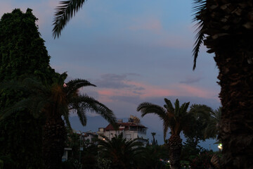 Obraz premium Evening view of the city. Sunset sky and beautiful landscape.