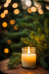 natural candle on a wooden stand. candle advertising, decoration