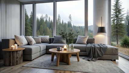 Sofa with grey cushions and tree stump coffee table with candles against window with forest view. Scandinavian home interior design of modern living room in chalet. 
