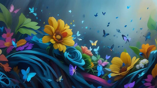 Flowers and Butterflies Painting on Blue Background