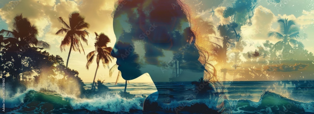 Poster a painting depicting the face of a woman with palm trees in the background. the womans features are 