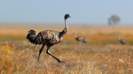 An ostrich confidently strides through a field of tall grass in an open plain. - Powered by Adobe