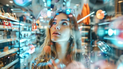 A woman standing outside a store, staring up intently at the displayed merchandise through the clear glass window. She appears focused and engaged in examining the items on display. - obrazy, fototapety, plakaty
