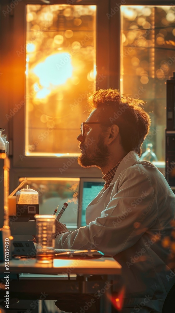 Aufkleber a man is seated at a desk positioned in front of a window. he appears focused on the task at hand, p